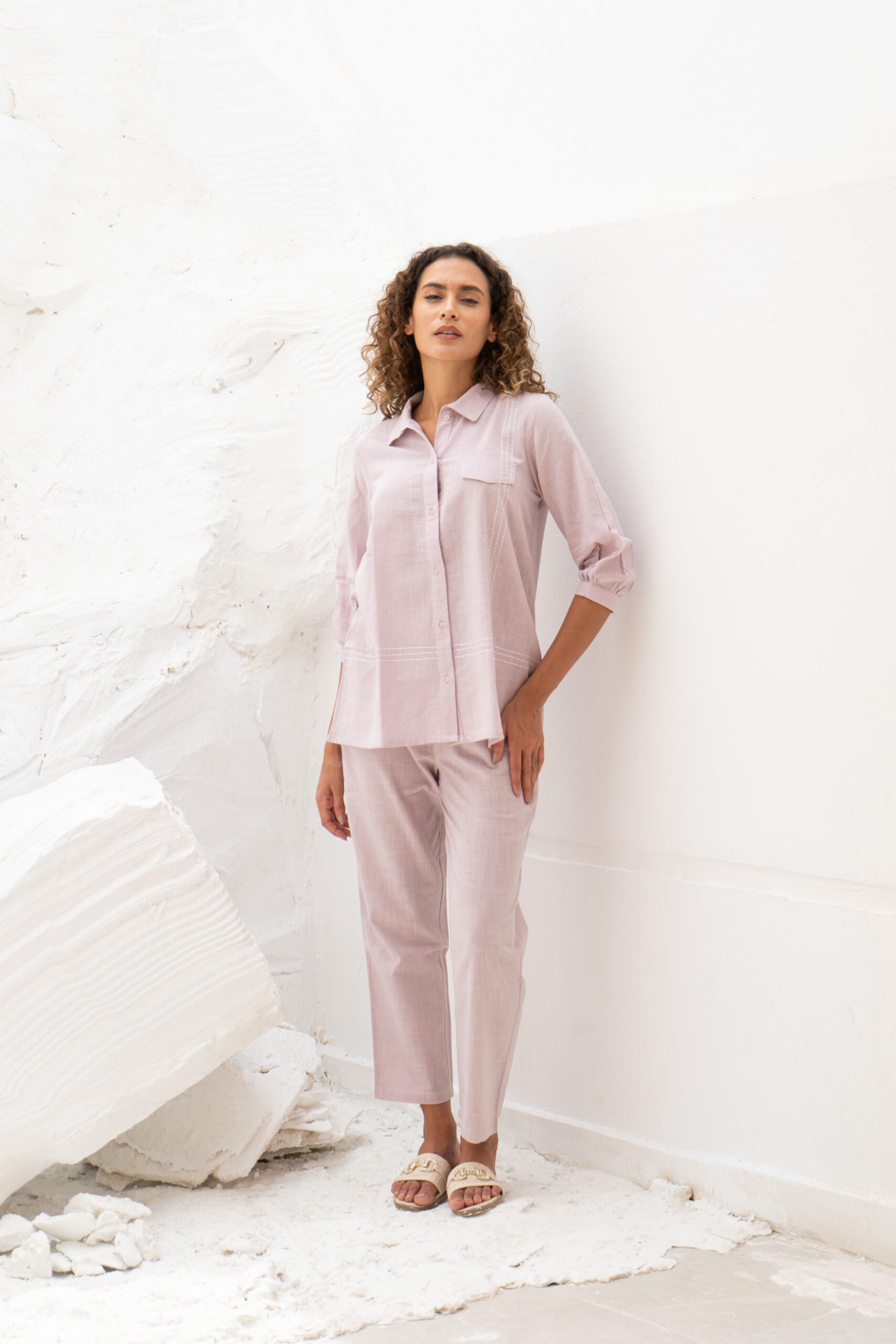 Pink Solid Print Shirt Collar Cotton Co-ord Set For Women