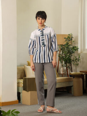 White Mandarin Collar Embroidered Pure Cotton Co-Ord Set For Women