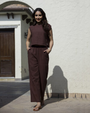 Brown Round Neck Solid Pure Cotton Co-Ord Set For Women