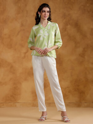 Green V-Neck Printed Viscose Rayon Co-Ord Set For Women
