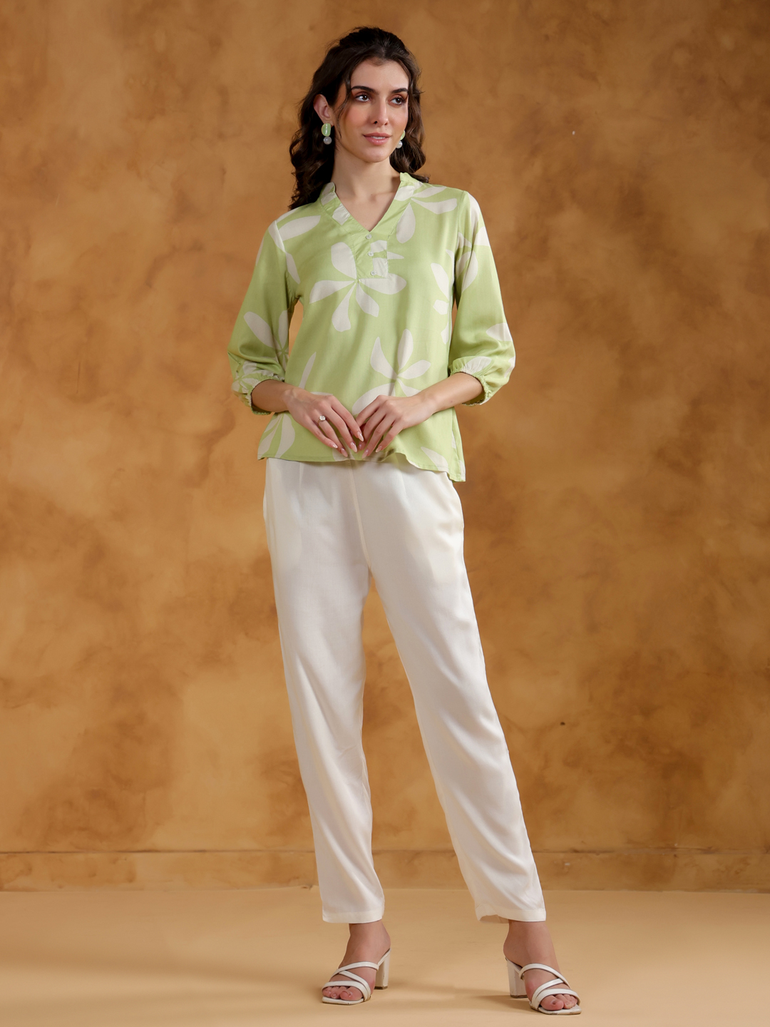 Green V-Neck Printed Viscose Rayon Co-Ord Set For Women