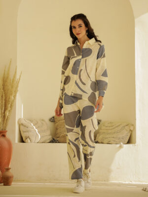 Beige Shirt Collar Printed Pure Cotton Co-Ord Set For Women