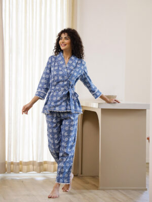 Blue V-Neck Floral Print Cotton Co-ord Set for Women