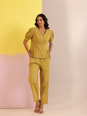 Mustard V-Neck Printed Pure Cotton Co-Ord Set For Women