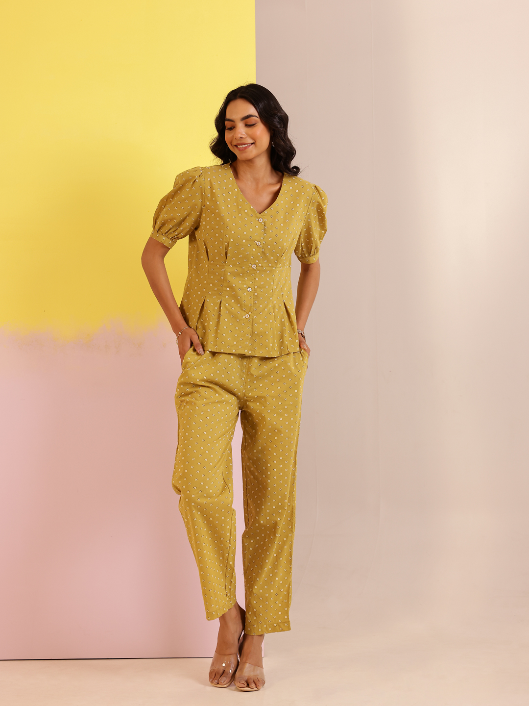 Mustard V-Neck Printed Pure Cotton Co-Ord Set For Women