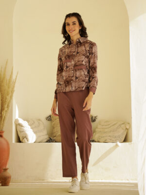 Mauve Shirt Collar Printed Pure Cotton Co-Ord Set For Women