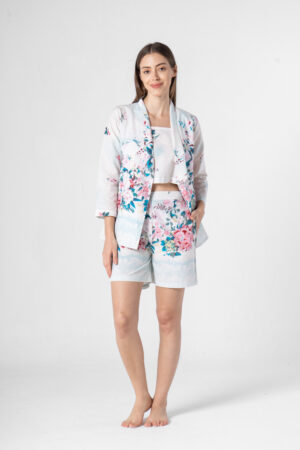 Off White Shawl Neck Printed Cotton Blend Co-Ord Set For Women