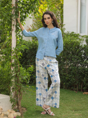 Blue Mandarin Collar Dyed Pure Cotton Co-Ord Set For Women