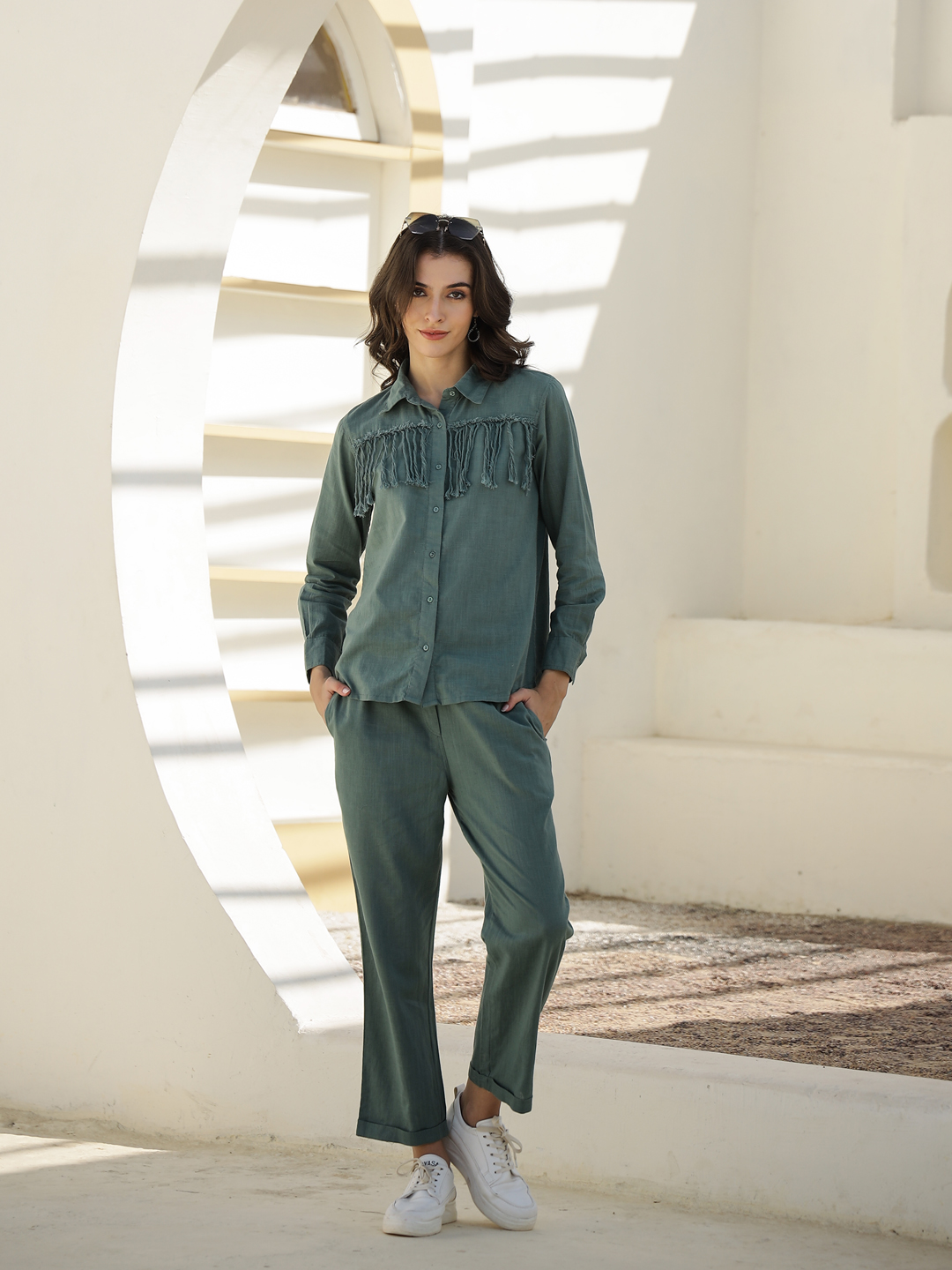 Green Shirt Collar Solid Pure Cotton Co-Ord Set For Women