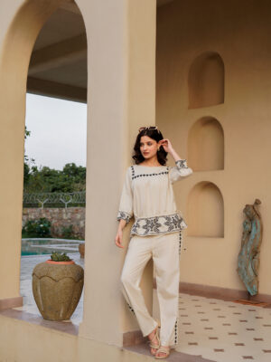 Off White Boat Neck Embroidered Pure Cotton Co-Ord Set For Women