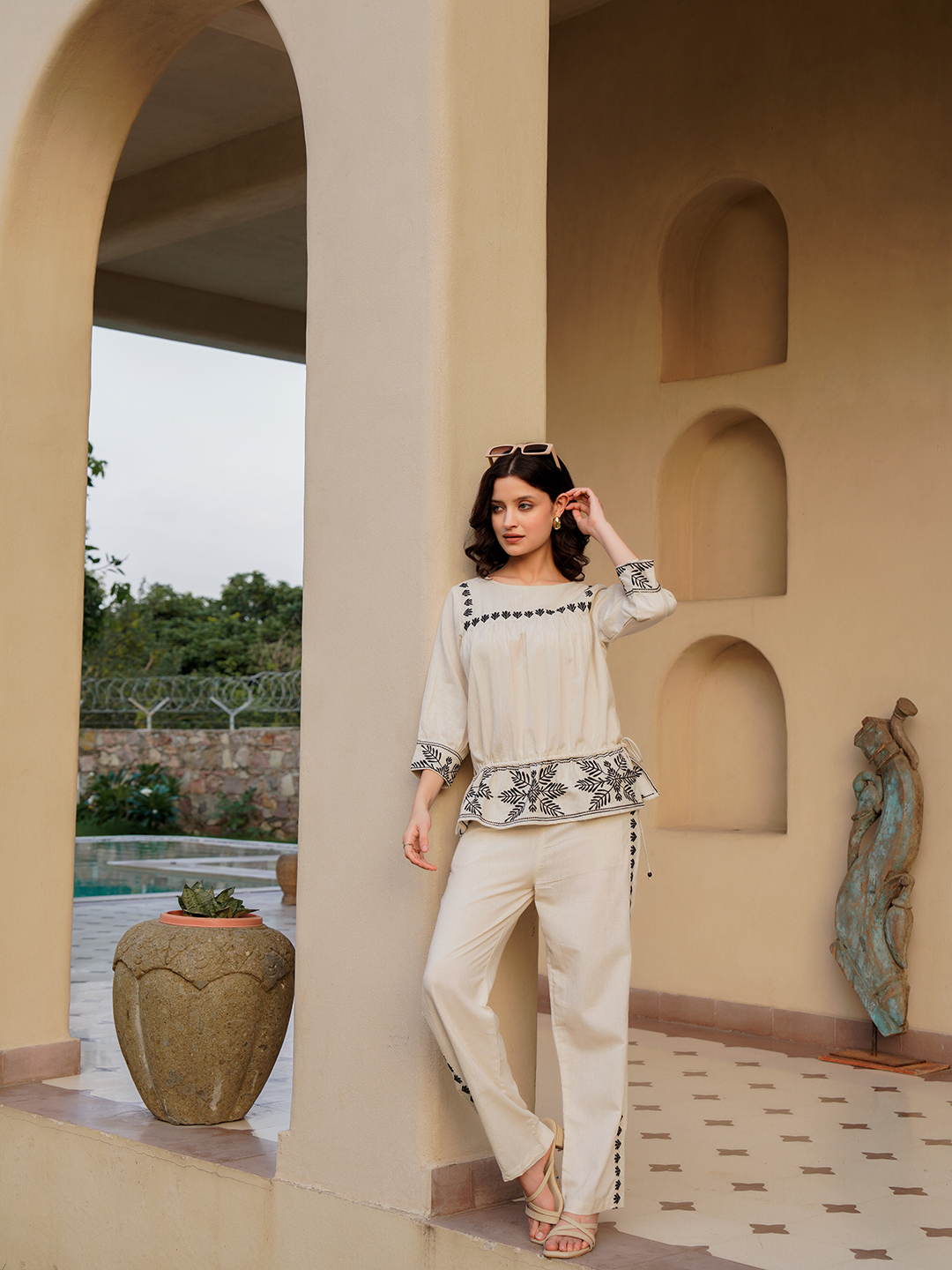 Off White Boat Neck Embroidered Pure Cotton Co-Ord Set For Women