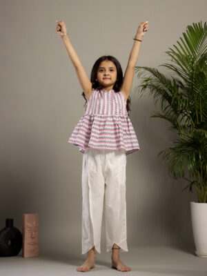 White Round Neck Printed Pure Cotton Co-Ord Set For Kids