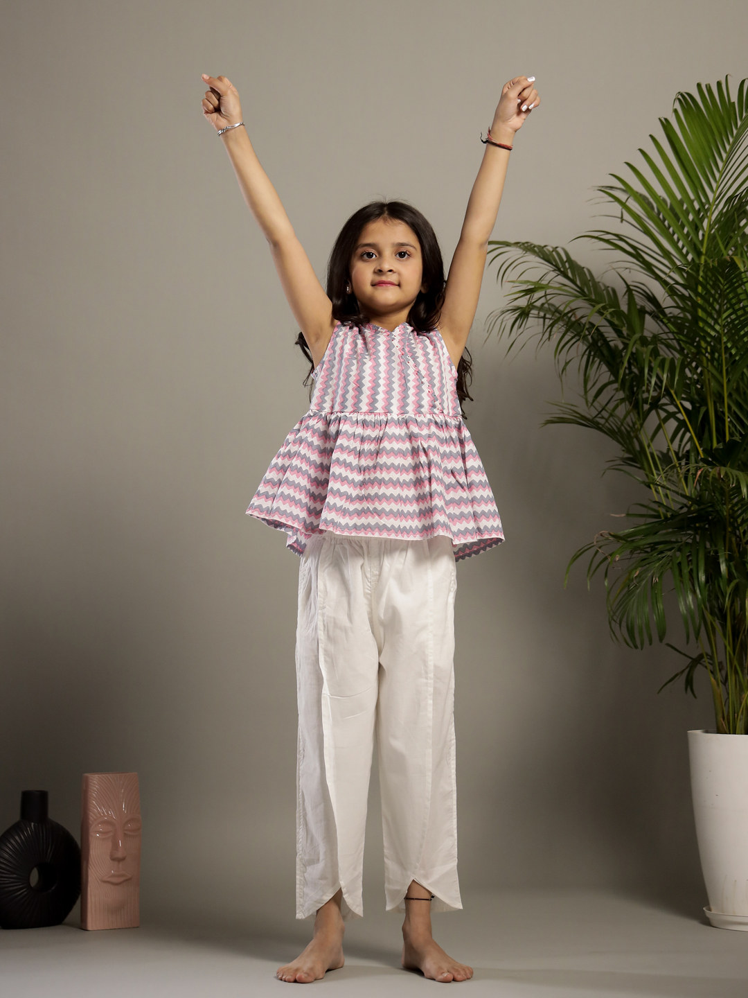 White Round Neck Printed Pure Cotton Co-Ord Set For Kids