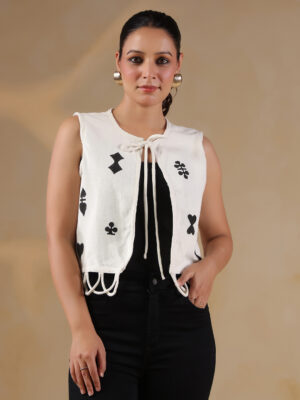 White Round Neck Printed Jaccket For Women