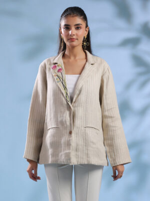 Beige Solid Cuban Collar Handloom Jacket For Women