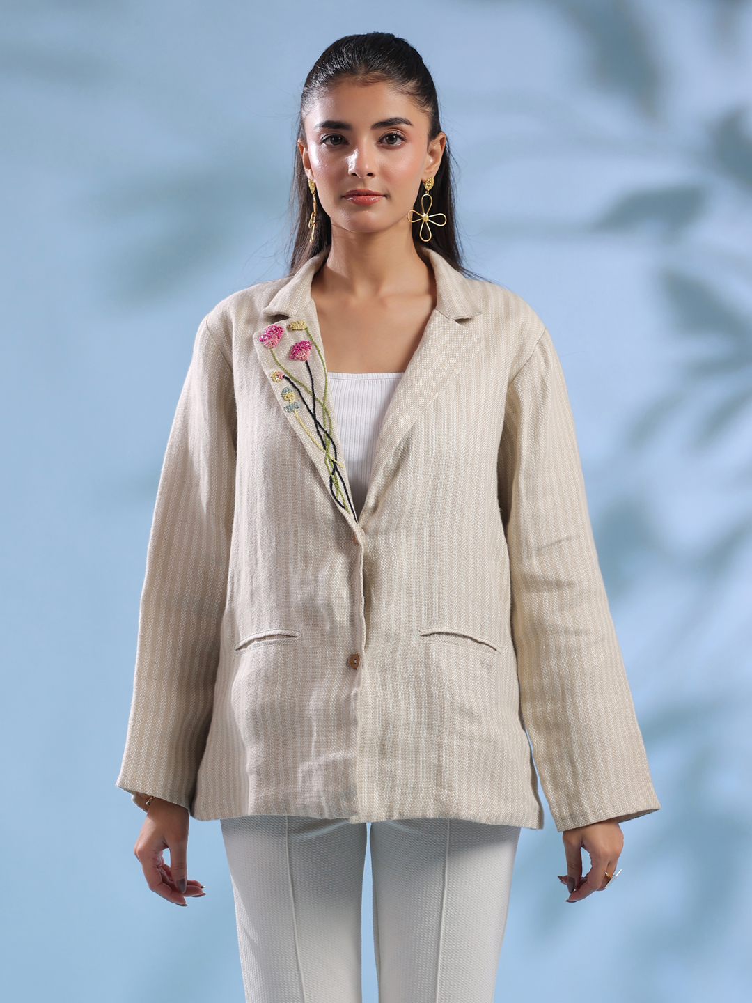 Beige Solid Cuban Collar Handloom Jacket For Women