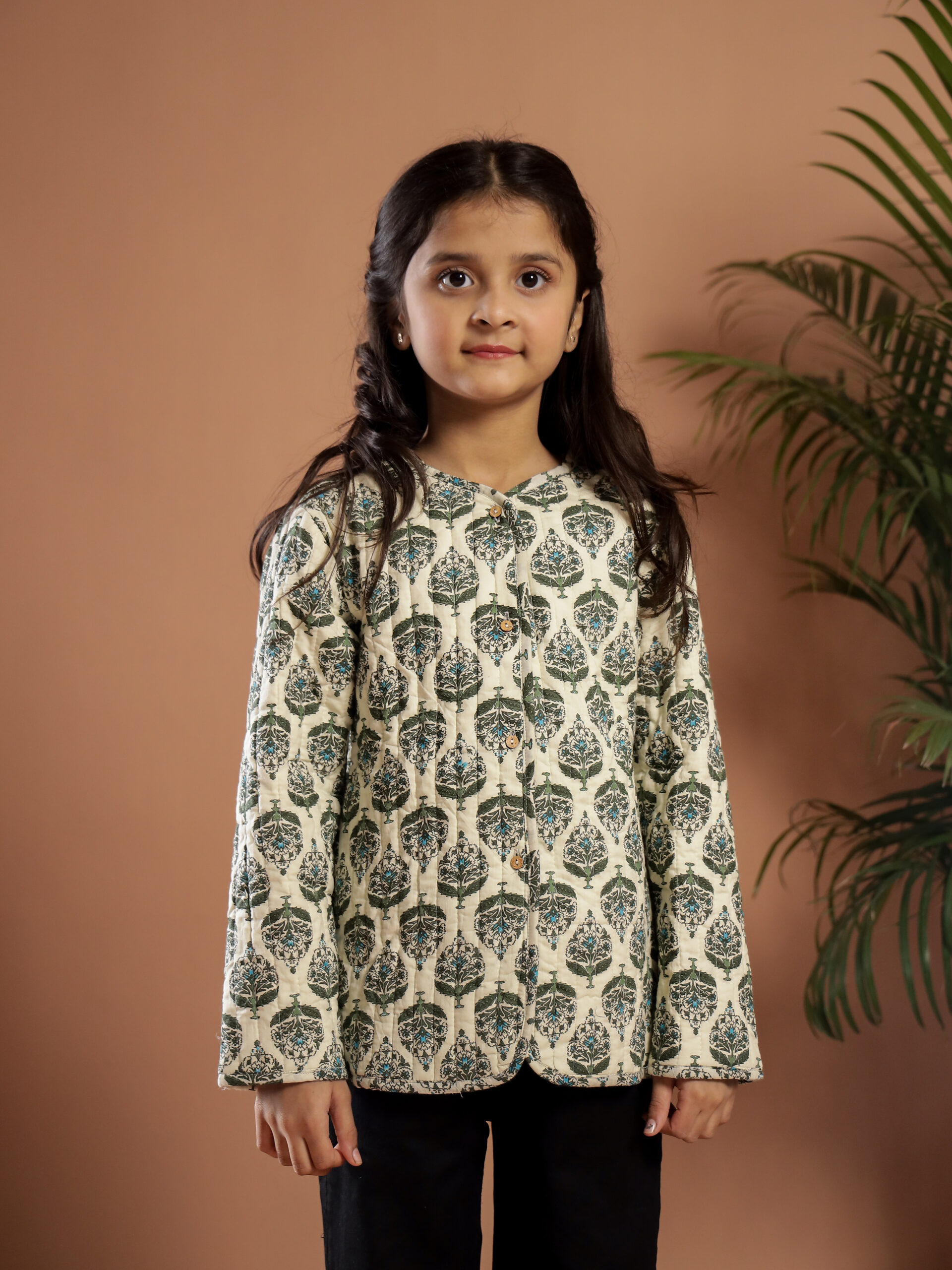 Off White Floral Print Round Neck Cotton Jacket For Kids