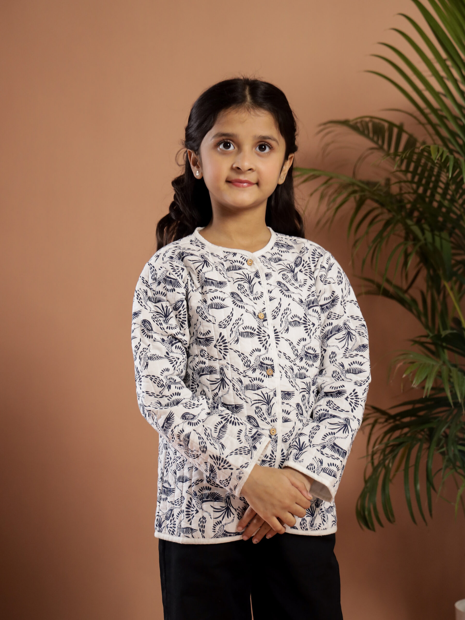 White Bird Print Round Neck Cotton Jacket For Kids