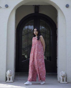 Tiger Print Red Round Neck Jumpsuit For Women