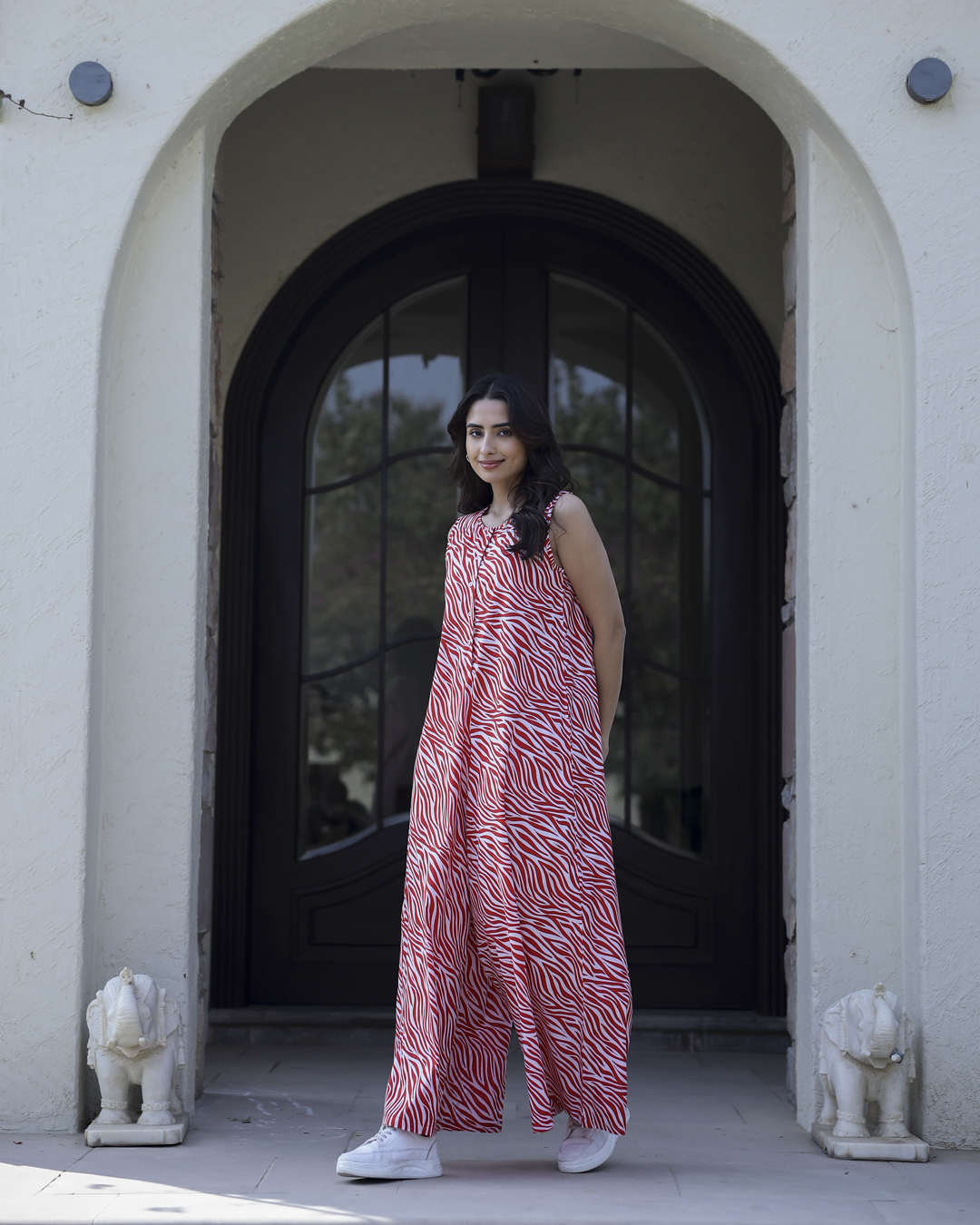 Tiger Print Red Round Neck Jumpsuit For Women