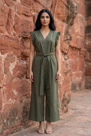 Olive Green Solid V-Neck Belted Cotton Jumpsuit For Women