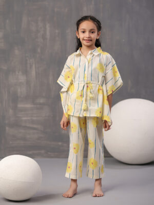 Yellow Floral Print Round Neck Cotton Night Suit For Kids