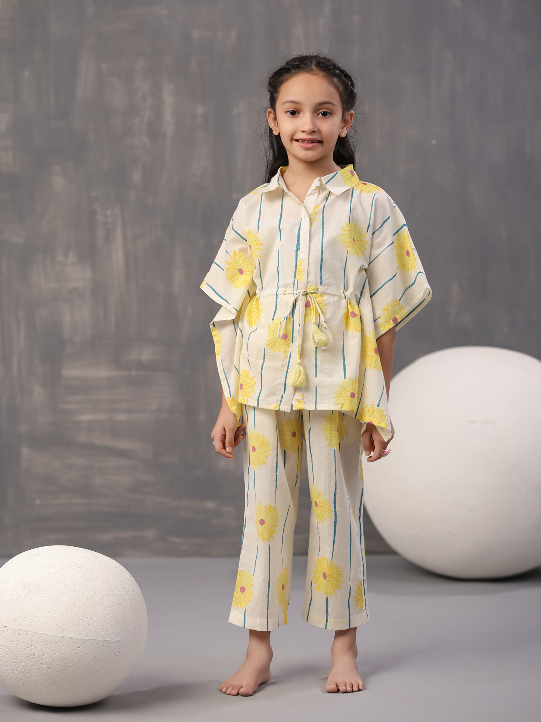 Yellow Floral Print Round Neck Cotton Night Suit For Kids