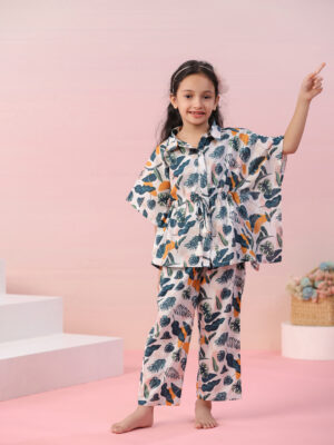 White Floral Print Cotton Kids Night Suits