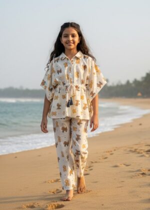 Beige Teddy Print Cotton Night Suit Set For Kids