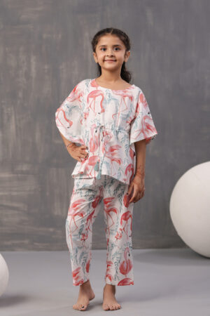 White Animal Print Round Neck Cotton Kids Night Suits
