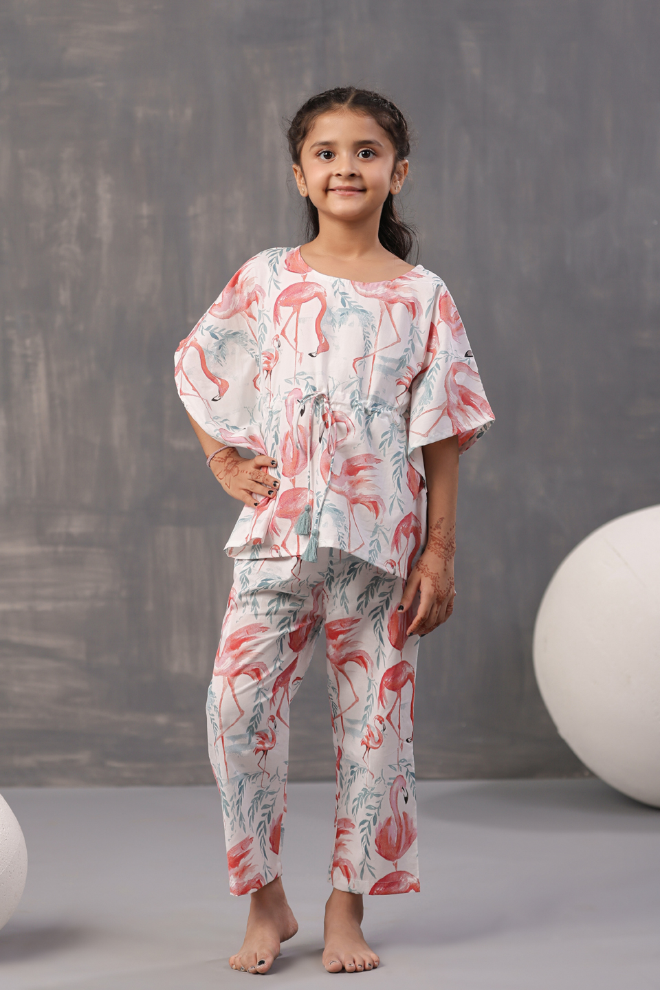 White Animal Print Round Neck Cotton Kids Night Suits