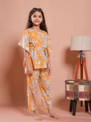 Mustard Floral Print Kaftan Night Suit For Kids