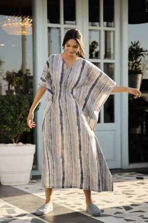 Grey V-Neck  Printed Kaftan Nightdress For Women
