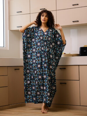Blue Cotton Printed Kaftan Night Dress For Women