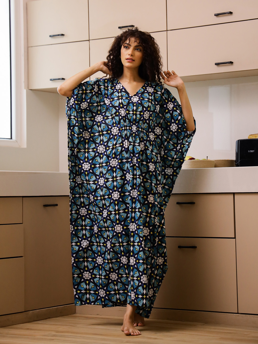 Blue Cotton Printed Kaftan Night Dress For Women