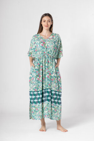Green Floral Printed Kaftan Night Dress For Women
