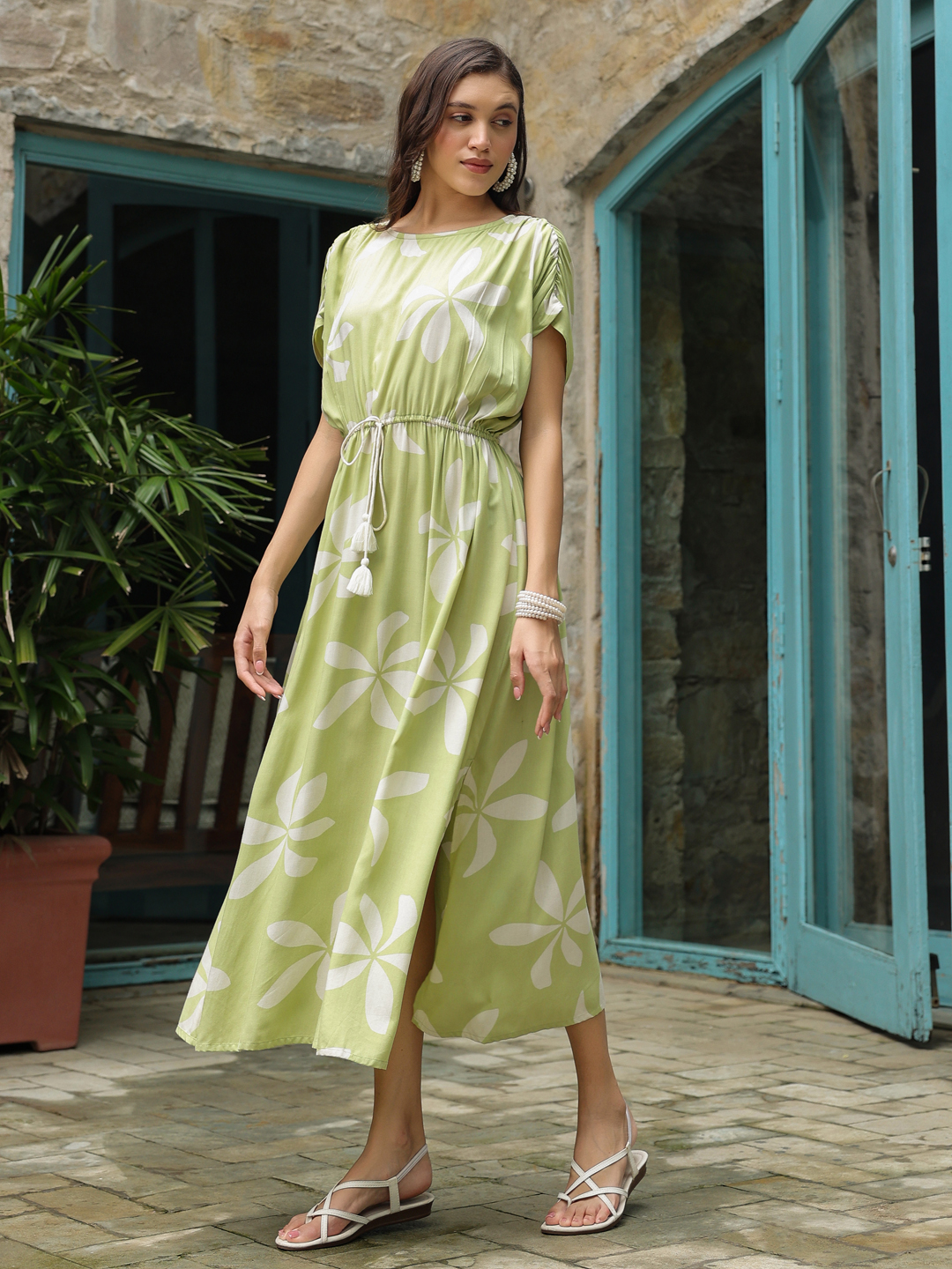 Green Cotton Printed Kaftan Night Dress For Women