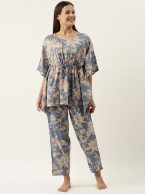 Blue Powder Cotton Printed Kaftan Night Suit Set For Women