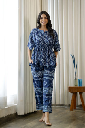 Navy Blue Pure Cotton Ethnic Motifs Printed  Kaftan With Pyjama