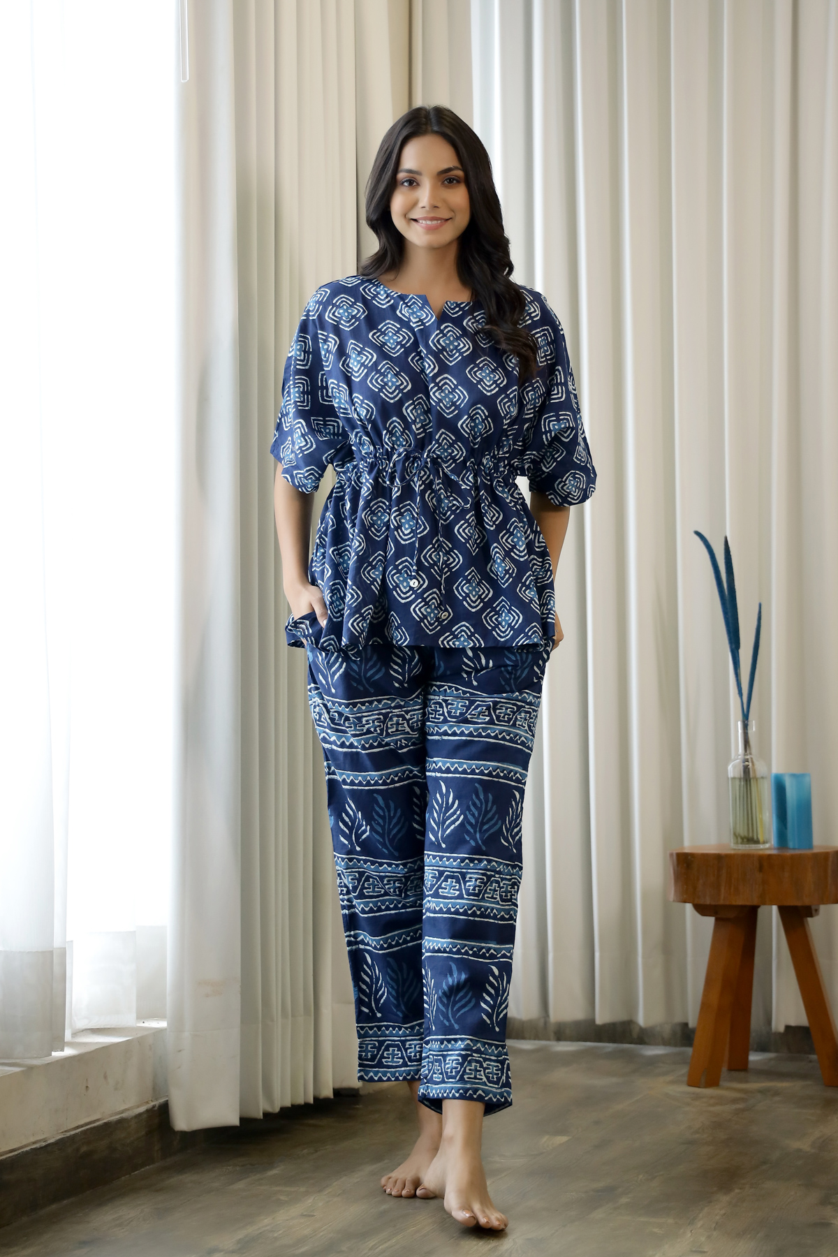 Navy Blue Pure Cotton Ethnic Motifs Printed Kaftan With Pyjama