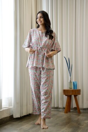 Light Blue & Pink Floral Printed Cotton Kaftan With Pyjama
