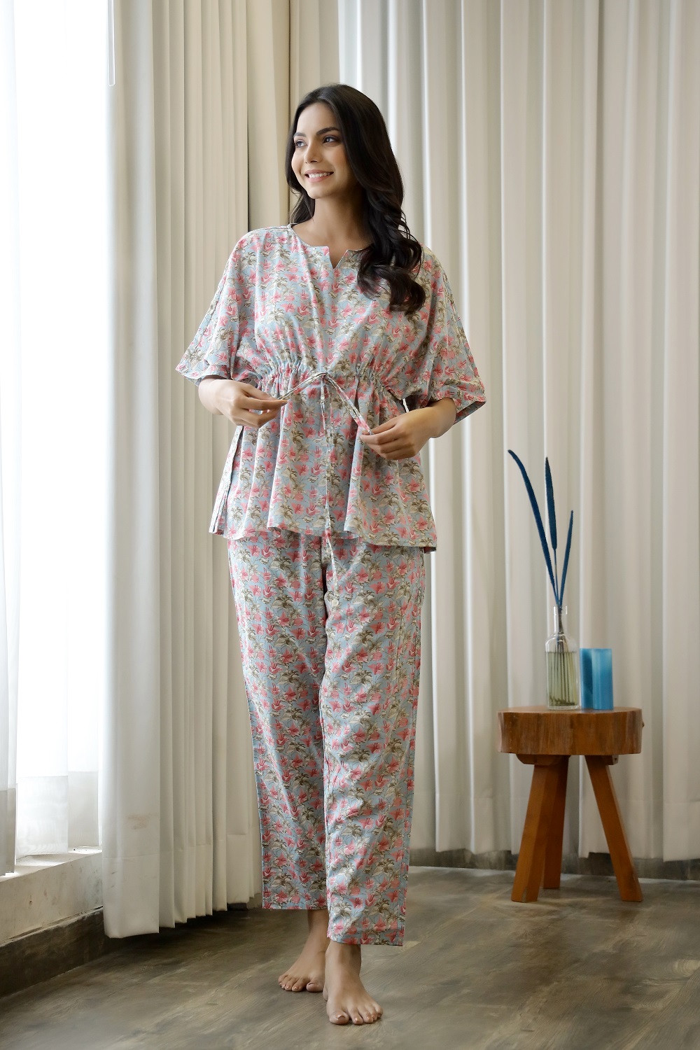 Light Blue & Pink Floral Printed Cotton Kaftan With Pyjama