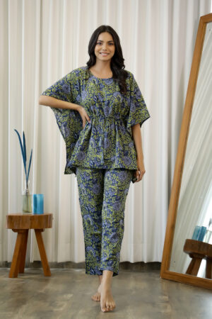 Navy Blue & Green Cotton Printed Kaftan Set