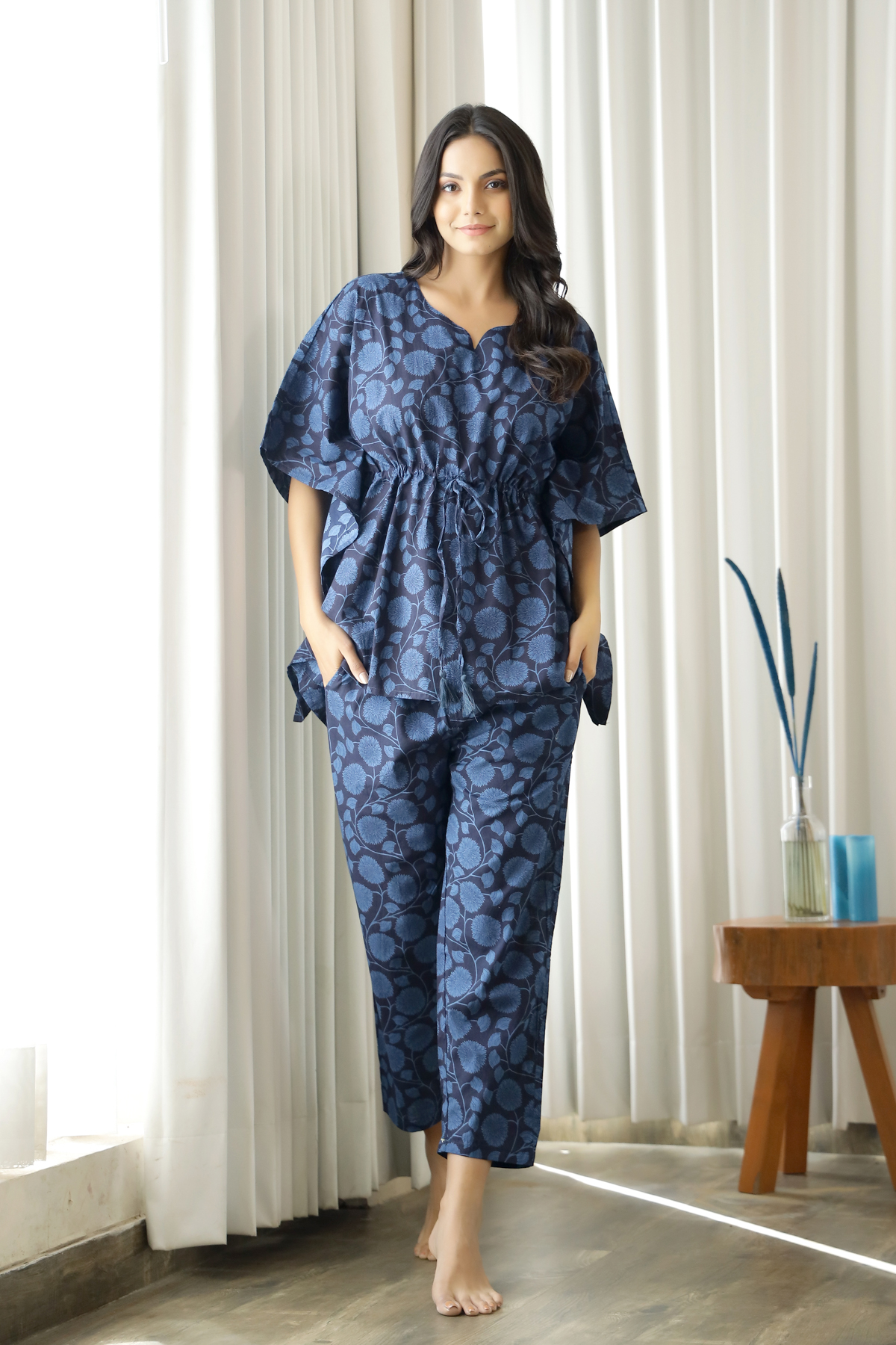 Blue Round Neck Floral Print Cotton Night Suit For Women