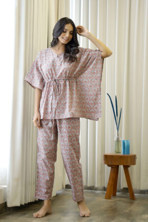Grey Pure Cotton Printed Kaftan Pyjama Night Suit For Women