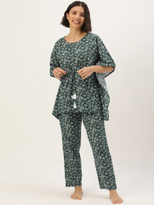 Green Round Neck Leaf Print Cotton Night For Women