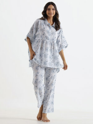 White Shirt Collar Ethnic Motifs Pure Cotton Night Suit For Women