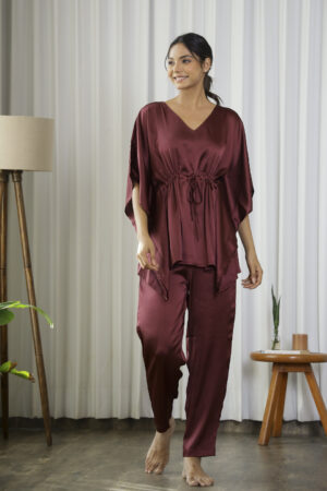 Maroon V-Neck Solid Polyester Night Suit For Women
