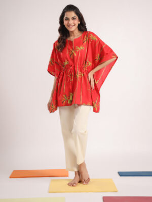 Red Round Neck Floral Pure Cotton Night Suit For Women