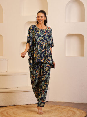 Multi Color Floral Print Round Neck Pure Cotton Night Suit For Women